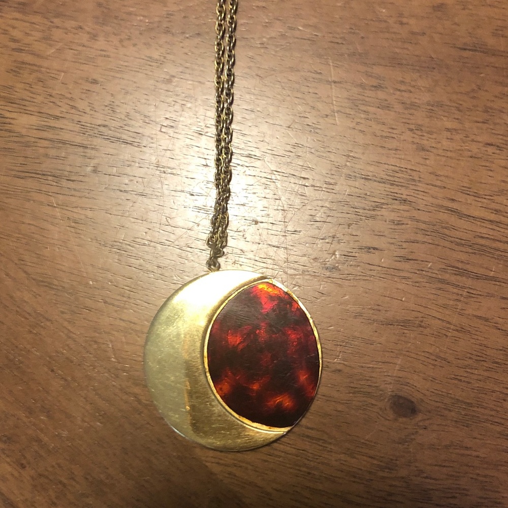 Gold-Tone Crescent Pendant Necklace with Deep Red Cabochon